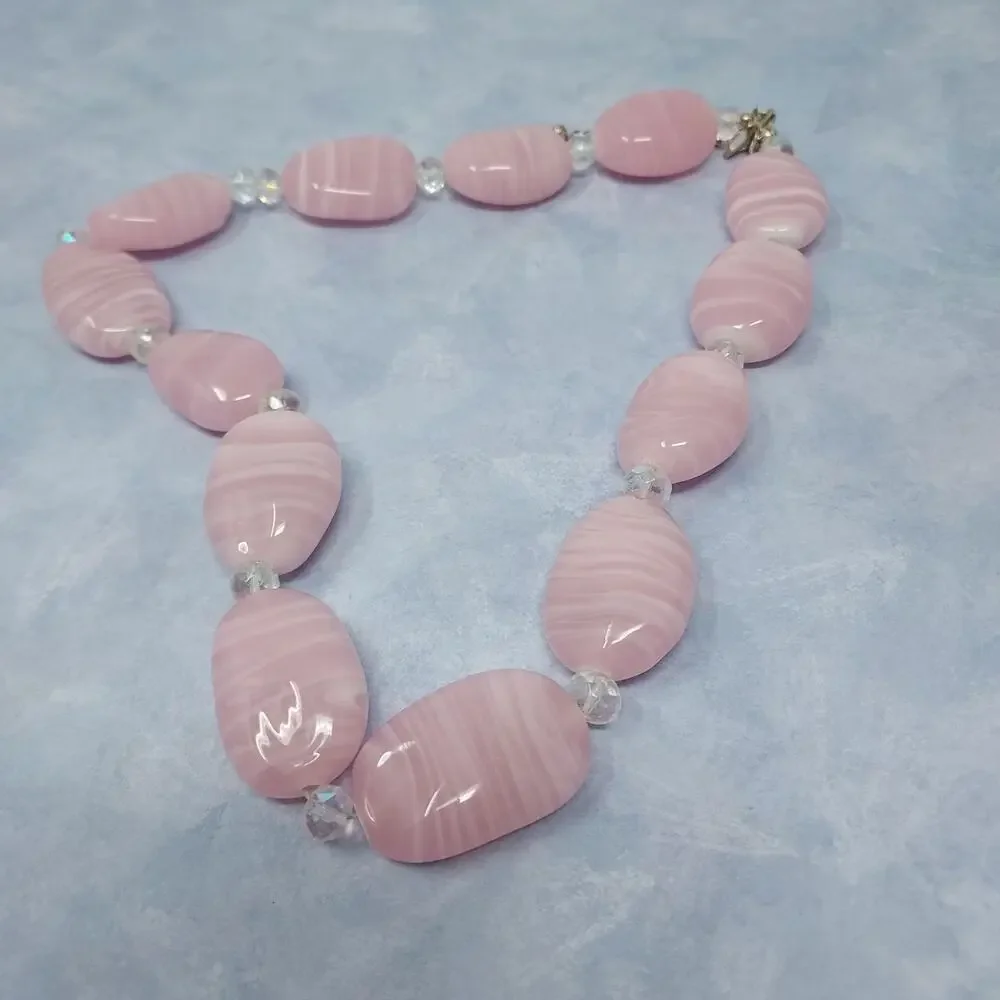 Pink Art Glass Striped Bead Necklace Chunky Heavy 22